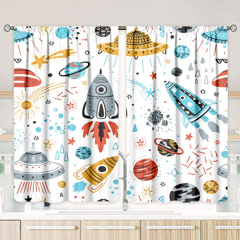 2 pieces of Cartoon spaceship Rocketprinting curtain polyester material suitable for bedroom living room study room anti-privacy