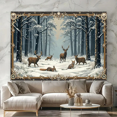 Enchanted Winter Forest Tapestry with Deer and Fox in Snow, Magical Animal Scene Wall Hanging for Bedroom or Living Room Decor