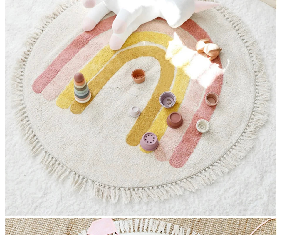 Cute Round Rug Bedroom Tassel Carpet Mat Bedside Kids Room Ddecoration Cartoon Floor Mats Home Soft Machine Washable Area Rugs