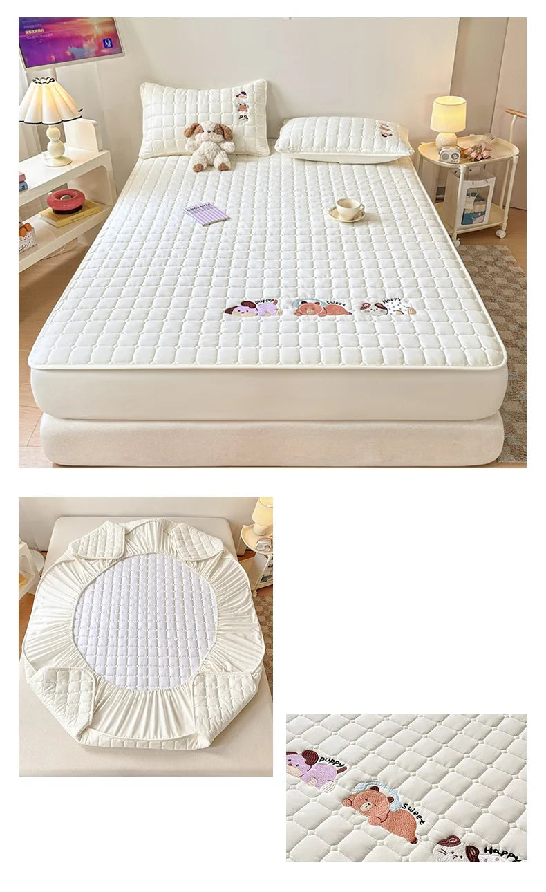 Cartoon Embroidered Bed Cover Quilted Mattress Protector Non-slip Bedspread Thicken Bed Linen 매트리스 커버	 (No Pillowcase)