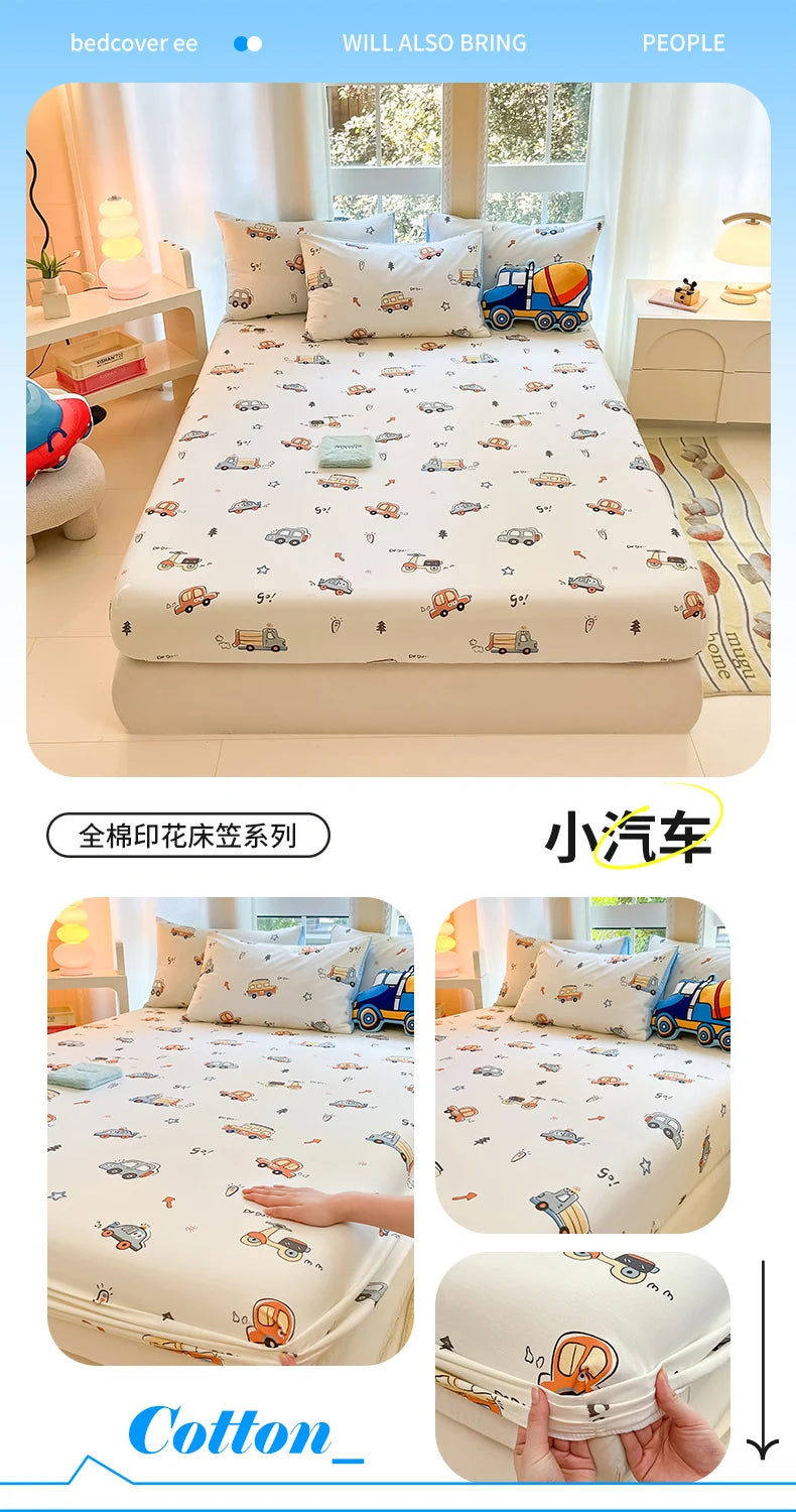 1pc 100%Cotton Bed Sheet for Kids Cartoon Style Car Printed Fitted Sheet with Elastic Band for Boys Pure Cotton Single Bed Cover