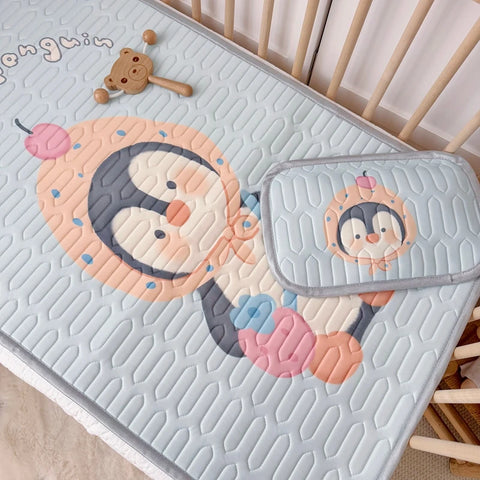 2pcs Summer Cooling Viscose Fiber Latex Mat Set for Kids,Cute Penguin Bed Sheet Pad,Foldable Baby Girl Boy Home Textile,60x120