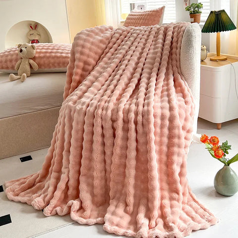 1 Pc Luxury Faux Rabbit Fur Throw Blanket Soft Warm White Striped Fluffy Blankets for Sofa Office Naps Single Double Plush Plaid