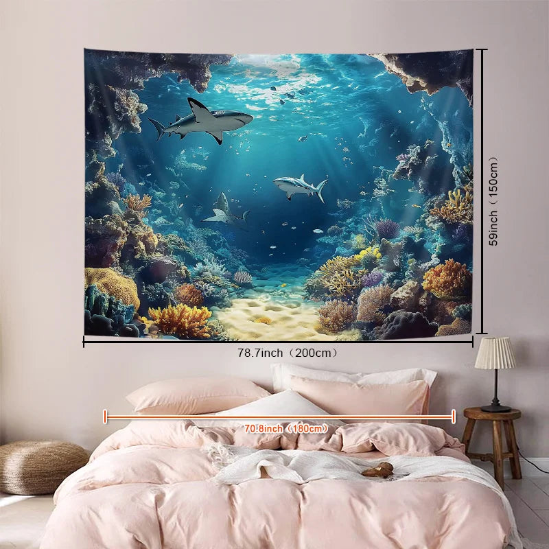 "Underwater Shark Tapestry - Polyester Brushed Fabric | Ocean Theme Wall Hanging for Living Room, No Battery/Electricity"