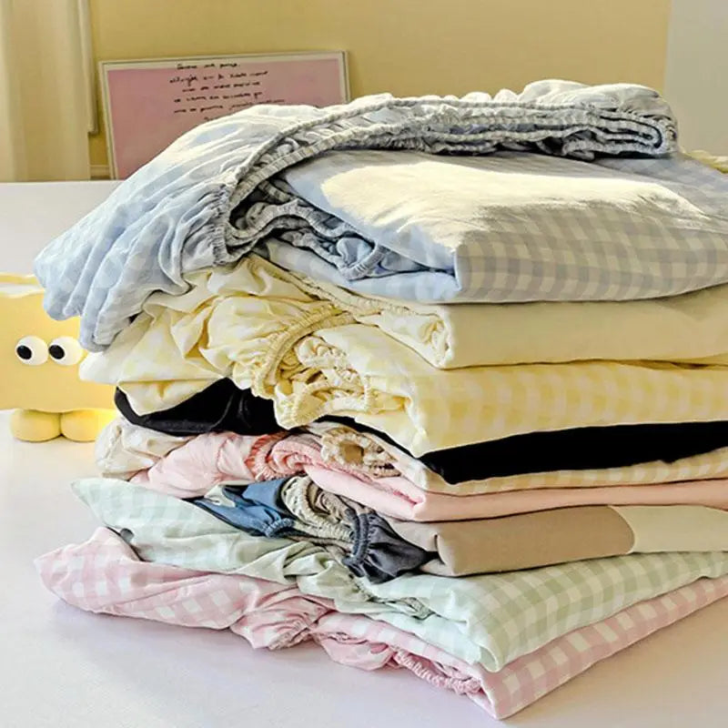 New Ultra-Thin Grid Pattern Fitted Sheet Set Washed Cotton Skin-Friendly Mattress Dust Cover Soft Breathable Household Mat