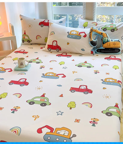 1pc 100%Cotton Bed Sheet for Kids Cartoon Style Car Printed Fitted Sheet with Elastic Band for Boys Pure Cotton Single Bed Cover