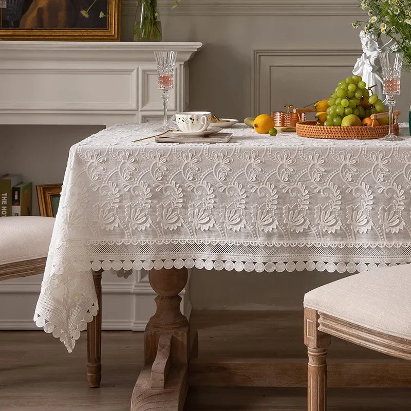 Luxury Lace Tablecloth Party Table Cloth American White Embroider Table Decoration for Living Room Bedroom Table Cover