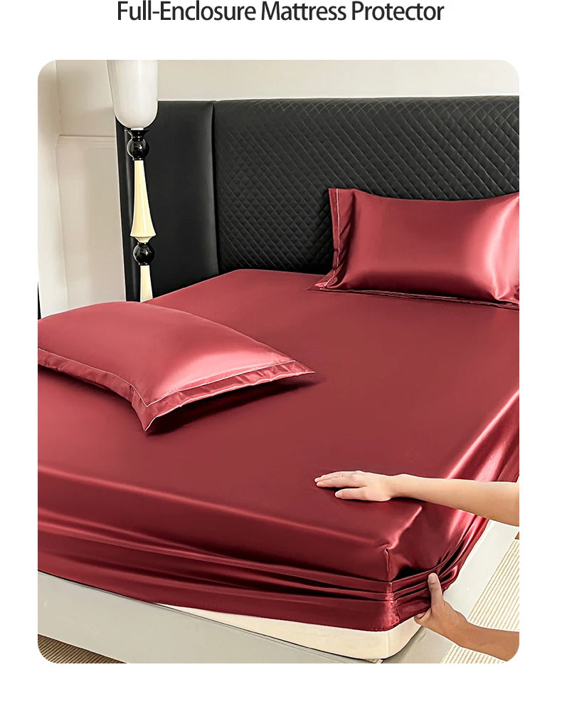 New Imitation Silk Satin Bed Sheet Set with Elastic Band Soft Silky Queen Fitted Sheet Mattress Cover King Size Bedsheet Sets