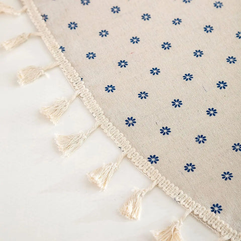 Cotton Linen Table Cloth Round Tablecloth with Tassel Dust-Proof Floret Circular Table Cover for Kitchen Dinning Tabletop Decor