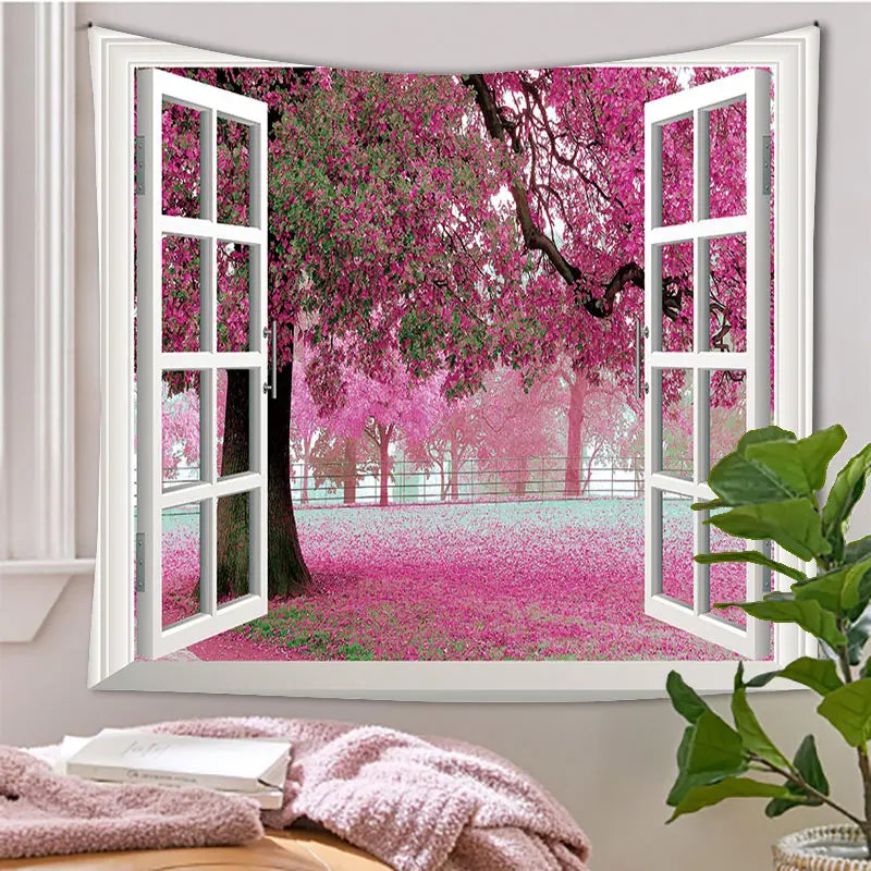 VIKAMA Summer Window View Tapestry Cherry Blossom Sea Idyllic Pastoral Tropical Beach Living Room Room Decoration