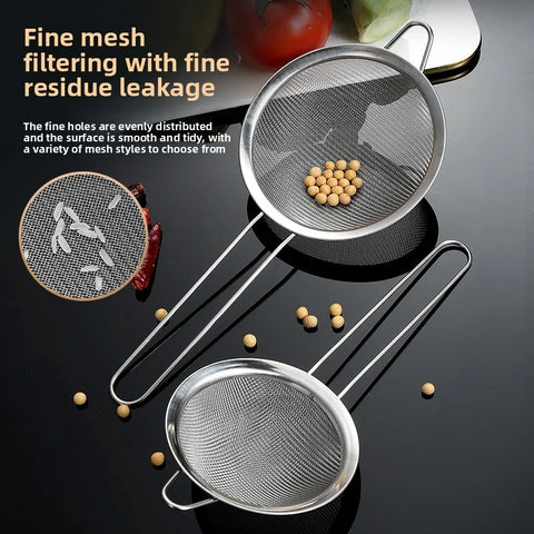Mesh Filter Sieve Stainless Steel Slotted Spoon Kitchen Set of 3 Fine Strainers Long Handle for Cooking Sifting and Frying