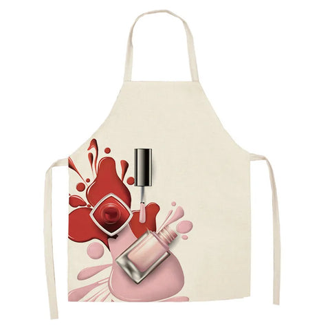 Linen Flower Nail Polish Theme Print Kitchen Aprons Unisex Dinner Party Cooking Bib Funny Pinafore Cleaning Apron