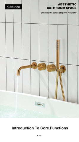 Luxury brass brushed gold wall mounted bathroom faucet with embedded dual handle hot and cold water 2 function bathtub mixer