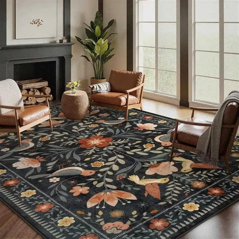 VIKAMA Flannel Carpet Scandinavian Living Room Mat Bedroom Bedside Rug Flower Rug Large Rug Non-slip Washable Mat Home Decor