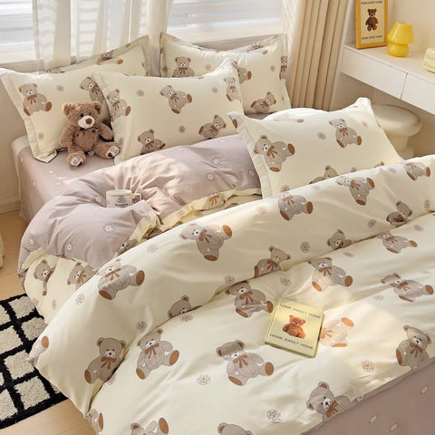 Cute Bear Duvet Cover Set for Teens, 3-Pieces Set 100%Cotton Comforter Cover with Pillow Shams, Soft Comfortable Kids Bedding