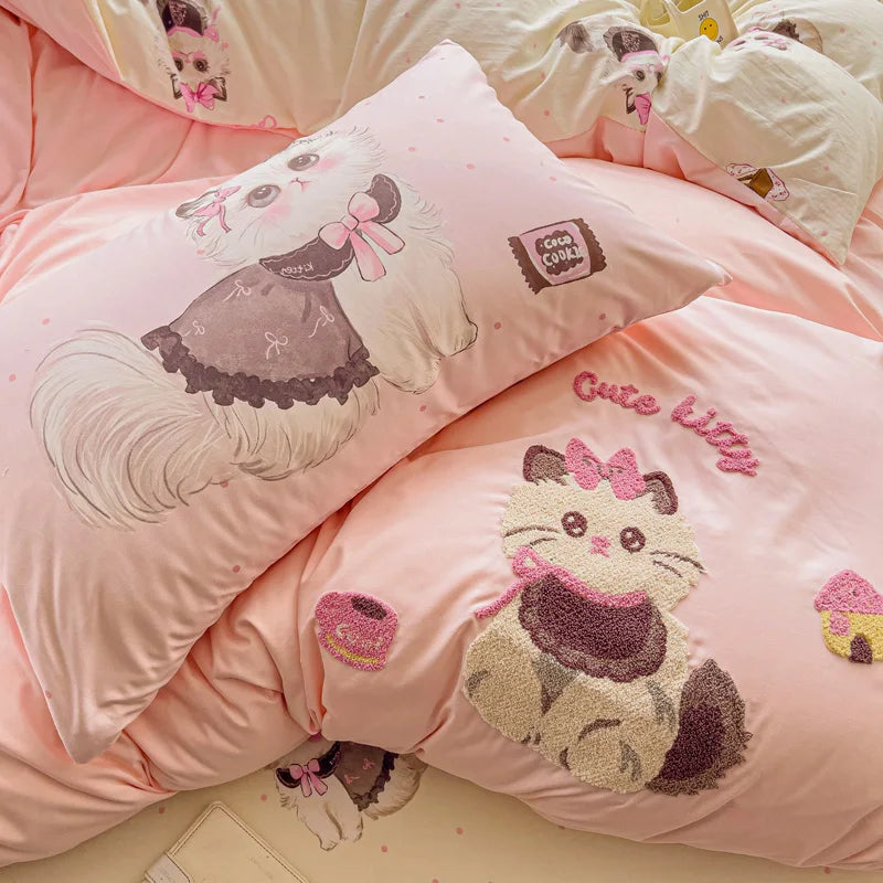 Cute Pink Cartoon Cat Towel Embroidery Girls Kids Bedding Set Soft Washed Cotton Duvet Covers Set Bed Sheet Pillowcases 3/4Pcs