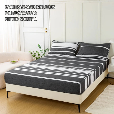 3-Piece Striped Fitted Sheet Set – Luxuriously Soft & Breathable – Includes 1 Fitted Sheet and 2 Pillowcases for Cozy Sleep – Pe