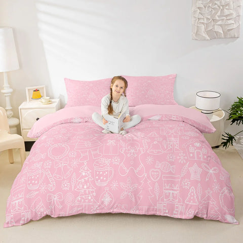 Homewish Girly Christmas Nutcracker Duvet Cover Set for Kids,Princess Cute Bowknot Bedding Set,Pink Abstract Stripes Bed Set