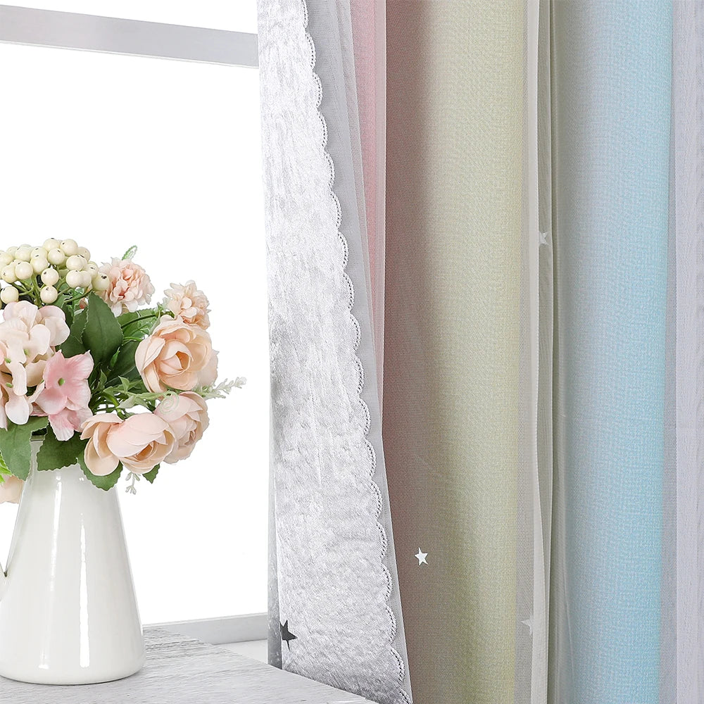 Rainbow Hollow-Out Star Blackout Curtains for Girl Kid Nursery Bedroom and Living Room Double Layer Window Cute Grommet Curtains
