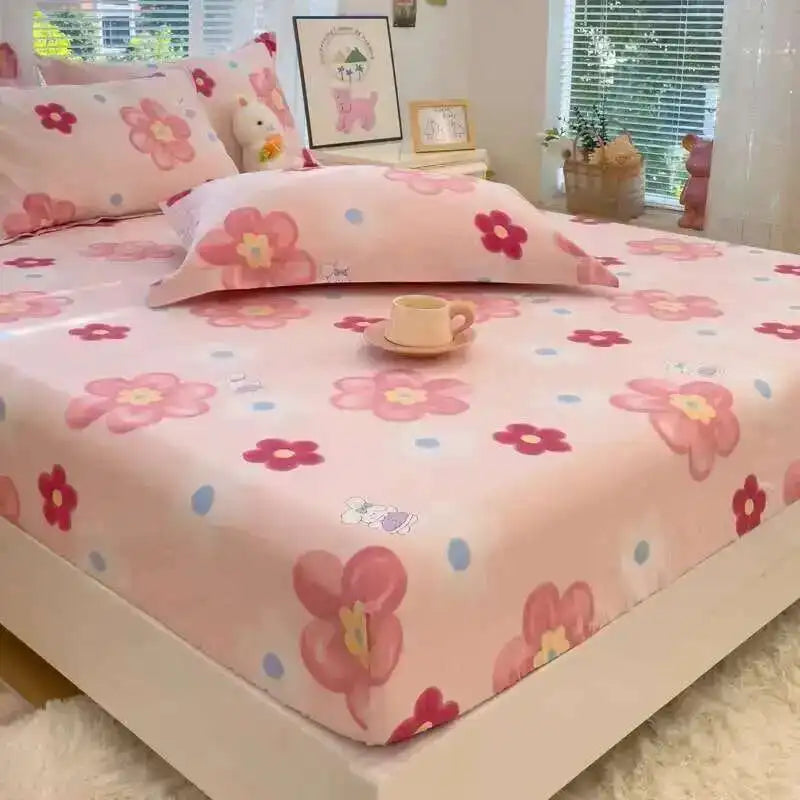 100% Cotton Kids Fitted Sheet - Pink Cartoon Print Single Size, Soft Bed Sheet Mattress Cover (No Pillowcase)