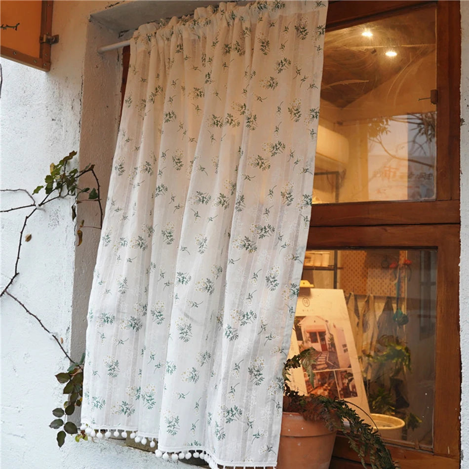 Korean Daisy Curtains Road Pocket Shade Curtain Floral Tassel for Kitchen Bedroom Living Room Bay Window Cabinet Curtain