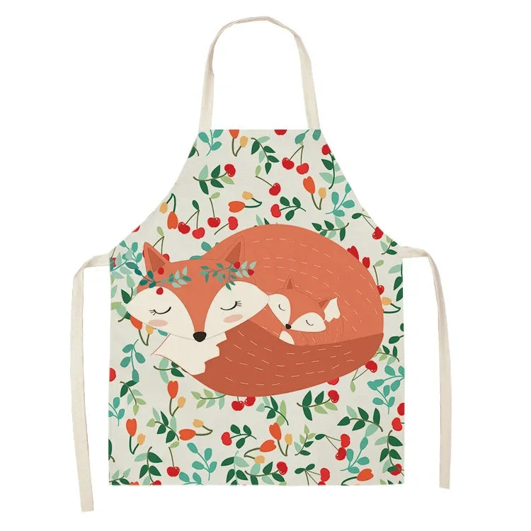 1Pcs Cute Fox Cat Pattern Apron Women Men Kids Waterproof Cooking Oil-proof Kitchen Cooking Bib Aprons Cotton Linen Home Textile