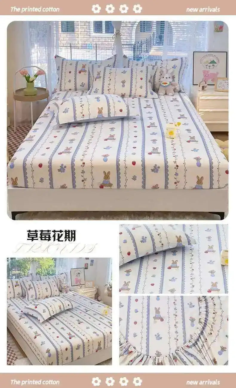 100% Cotton Kids Fitted Sheet - Pink Cartoon Print Single Size, Soft Bed Sheet Mattress Cover (No Pillowcase)
