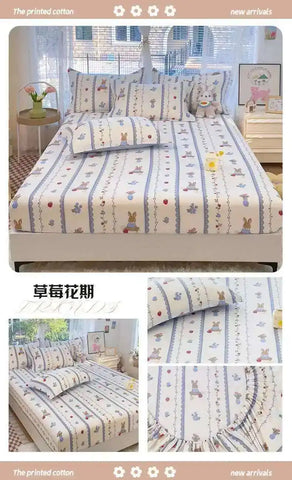 100% Cotton Kids Fitted Sheet - Pink Cartoon Print Single Size, Soft Bed Sheet Mattress Cover (No Pillowcase)