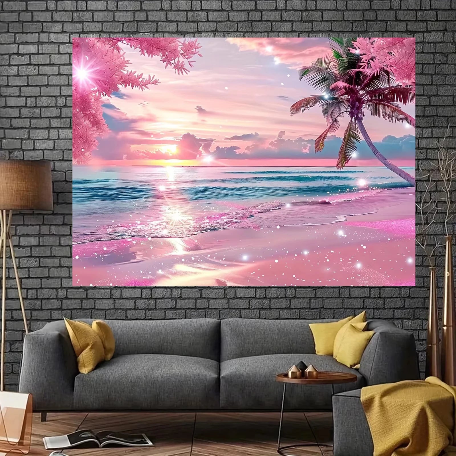VIKAMA Summer Illusion Beach Tapestry Powder Sand Star Twinkle Neon Palm Wave Surge Living Room B&B Room Decoration