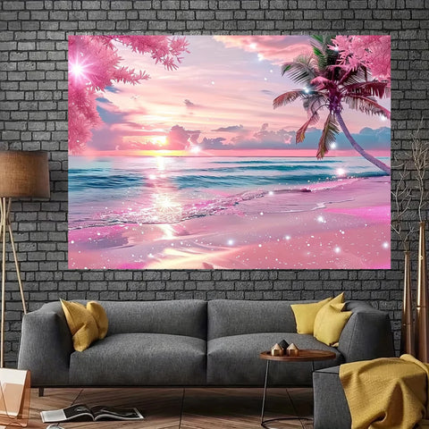 VIKAMA Summer Illusion Beach Tapestry Powder Sand Star Twinkle Neon Palm Wave Surge Living Room B&B Room Decoration