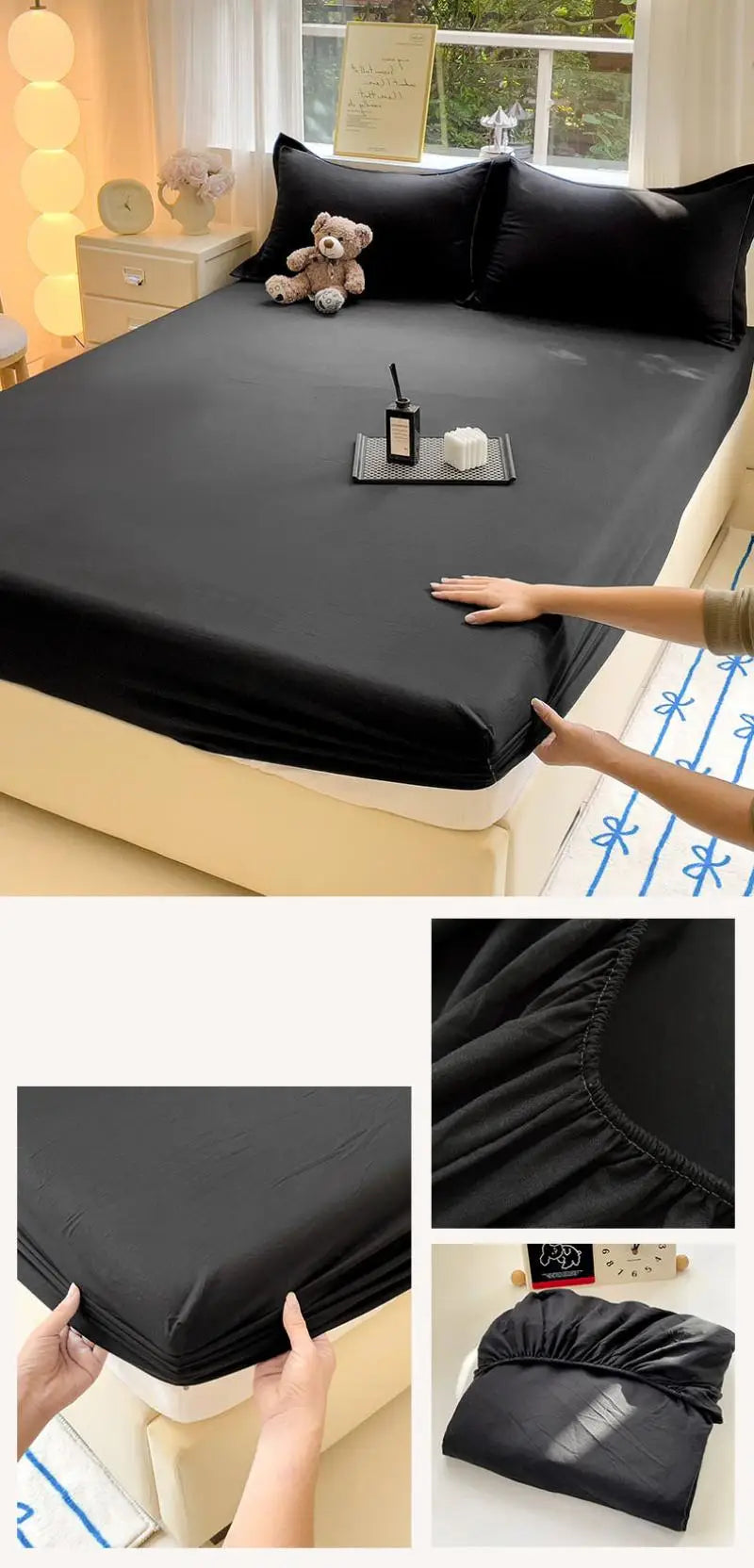 New Ultra-Thin Grid Pattern Fitted Sheet Set Washed Cotton Skin-Friendly Mattress Dust Cover Soft Breathable Household Mat