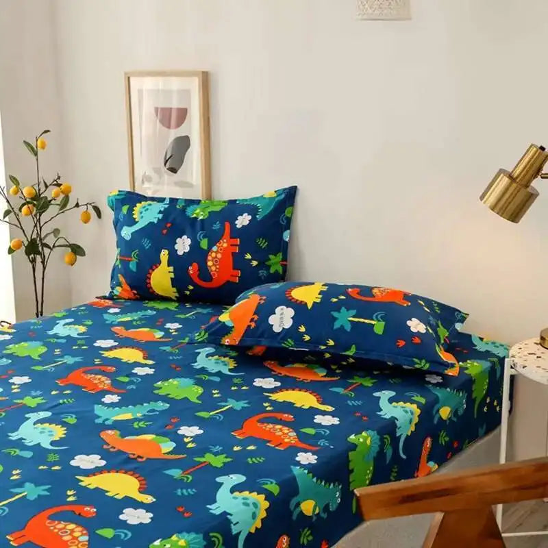 Solstice Kids Dinosaur Bed Sheet Set - Cartoon Printed Draps De Lit With Pillowcase, Elastic Fitted (Single/Twin, 100% Cotton)