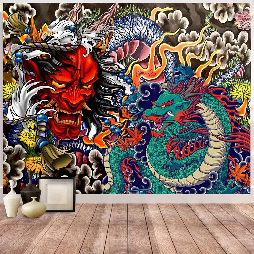 1pc Vibrant Japanese Dragon Tapestry-Fabric Wall Hanging, Aesthetic Anime Art Tapestry for Living Room or Bedroom Decoration