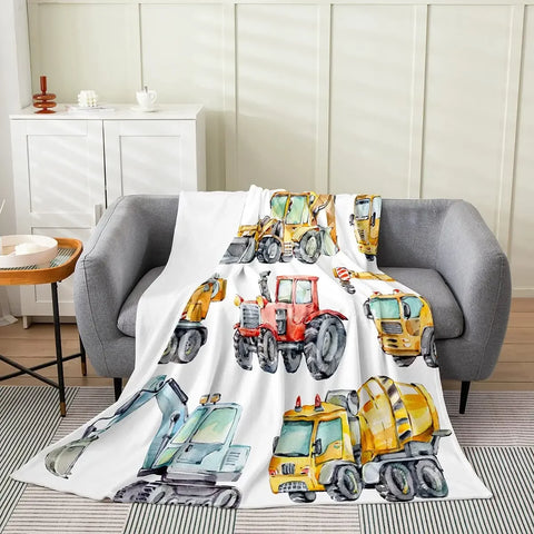 Yellow Construction Truck Blanket Cartoon Tractor Cars Flannel Throw Blankets for All Season Kids Boys Excavator Sofa Blanket