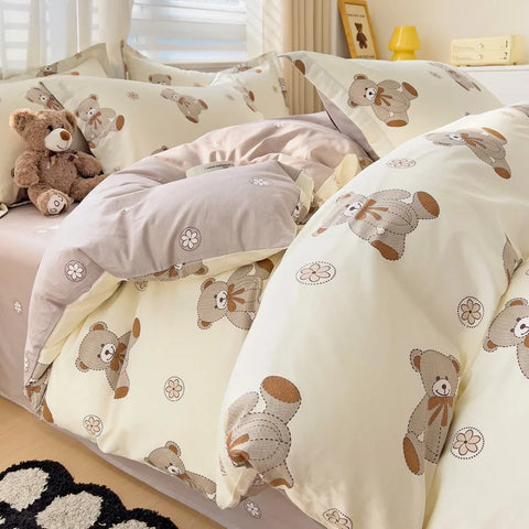 Cute Bear Duvet Cover Set for Teens, 3-Pieces Set 100%Cotton Comforter Cover with Pillow Shams, Soft Comfortable Kids Bedding