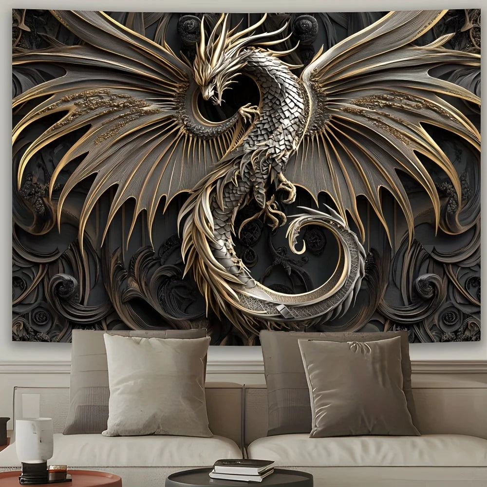 1pc Simple Black Dragon Tapestry, Polyester Fabric, Gold Decoration - Polyester Fabric, Suitable for Living Room, Bedroom