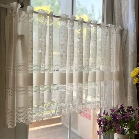 1pc Beige Lace Short Curtians For kitchen Cafe Study Room Door Half Sheer Voile Star Design Partitions Block Small Window Drapes