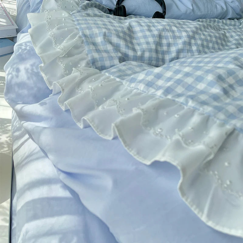 Korean Princess Style Lattice Double Layer Lace Bedding Set Soft Quilt Cover Plaid Style Duvet Covers Set Bed Sheet Pillowcases