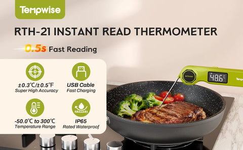 Tempwise RHT-21K Instant Read Food Thermometer IP65 Waterproof Handheld Meat Thermometer Outdoor Indoor BBQ Thermometer