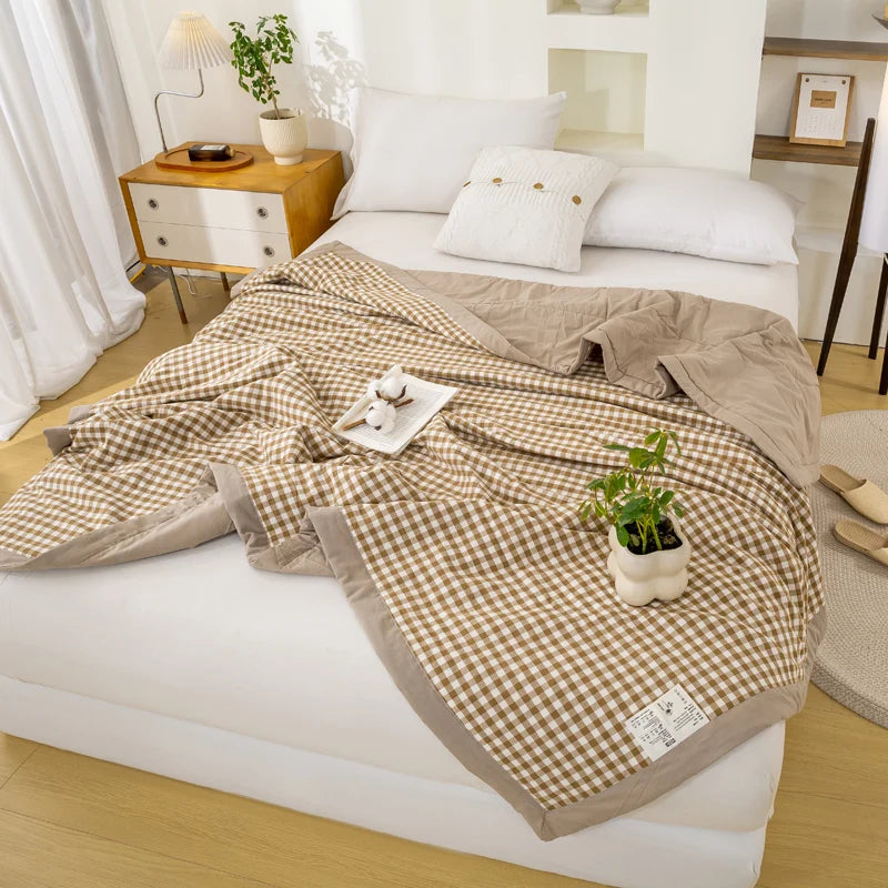 Japanese-style Plaid Summer Blanket 100% Cotton Skin Friendly Quilted Queen Quilt 220*240 Breathable King Size Duvet Comforter