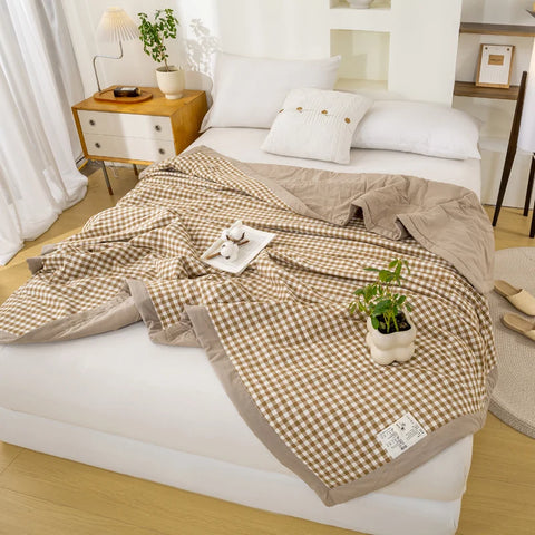 Japanese-style Plaid Summer Blanket 100% Cotton Skin Friendly Quilted Queen Quilt 220*240 Breathable King Size Duvet Comforter