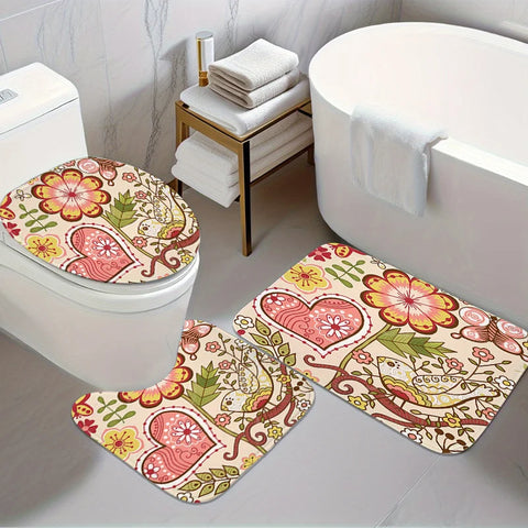 3pcs Set Floral and Heart Pattern Bath Mat Set | Polyester Bathroom Rugs with Soft Surface, Non-Slip, Spring Festival Decor, Inc