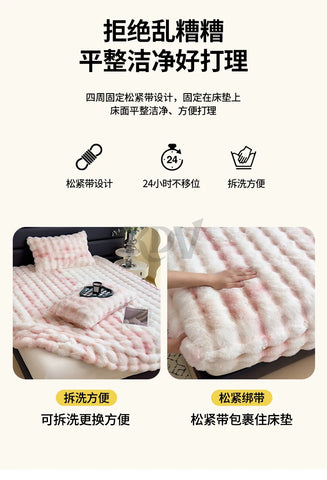 Luxury Faux Rabbit Plush Fitted Sheet with Deep Pocket Winter Thicken Warm Mattress Protector Soft Fluffy Double Mattress Cover