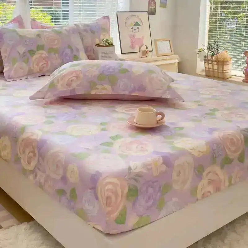 100% Cotton Kids Fitted Sheet - Pink Cartoon Print Single Size, Soft Bed Sheet Mattress Cover (No Pillowcase)