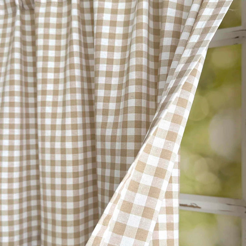 Korean Style Classic Plaid Pattern Cafe Curtain  Light Brown Semi Blackout Small Curtain Rod Pocket For Living Room Kitchen Door