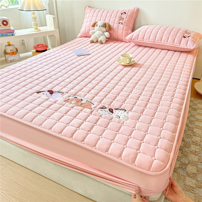 Cartoon Embroidered Bed Cover Quilted Mattress Protector Non-slip Bedspread Thicken Bed Linen 매트리스 커버	 (No Pillowcase)