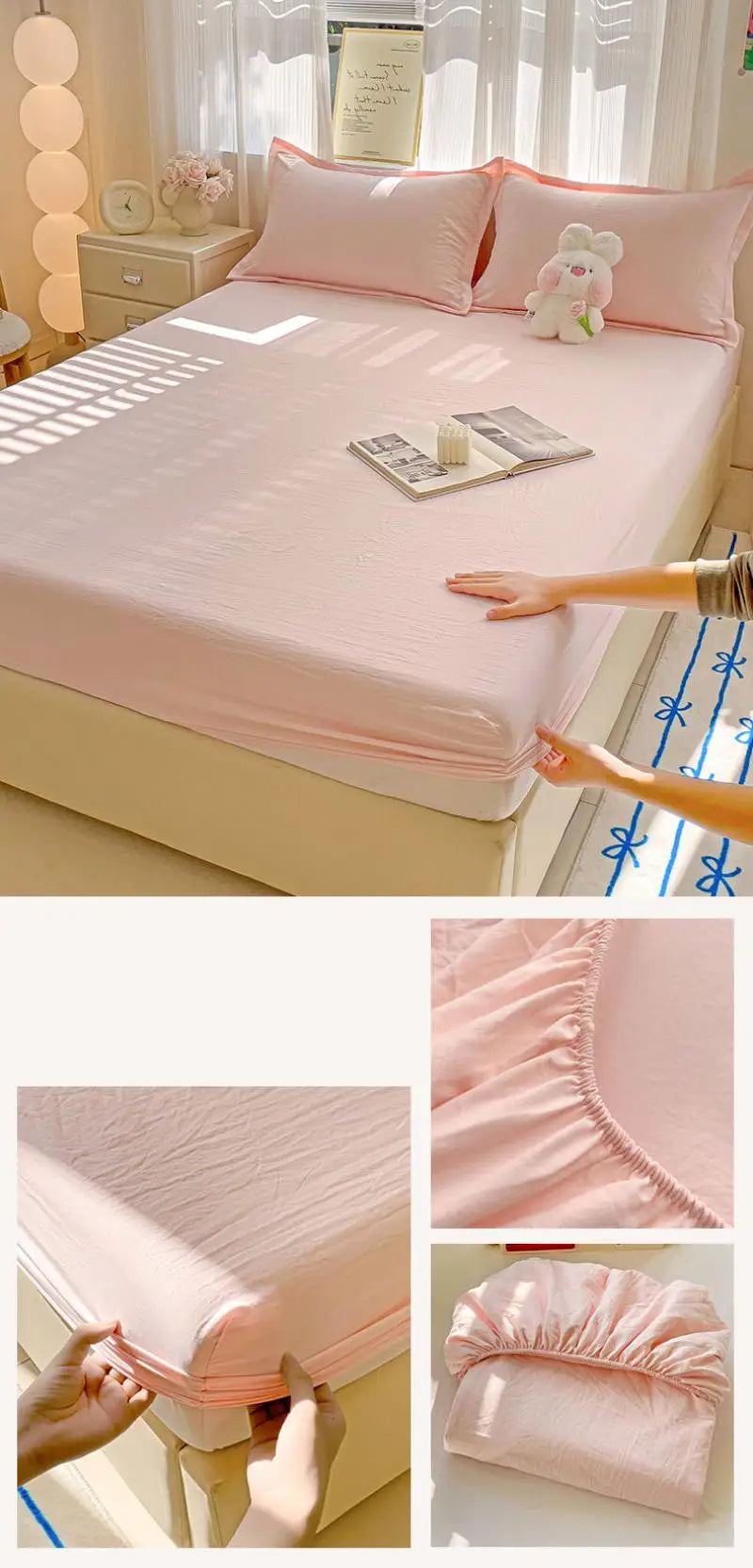 New Ultra-Thin Grid Pattern Fitted Sheet Set Washed Cotton Skin-Friendly Mattress Dust Cover Soft Breathable Household Mat