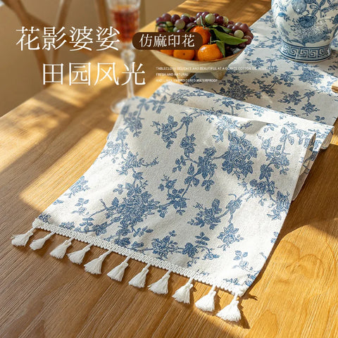 Cotton Linen Blue Printed Floral Table Runner With Tassel Circular Placemats for Wedding Party Dinning Table Decor