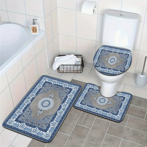 3-Piece Set of Retro Ethnic Blue and White Pattern Bathroom Mats Set Toilet Seat Ring U-Shaped Foot Mats for Bathroom Decoration