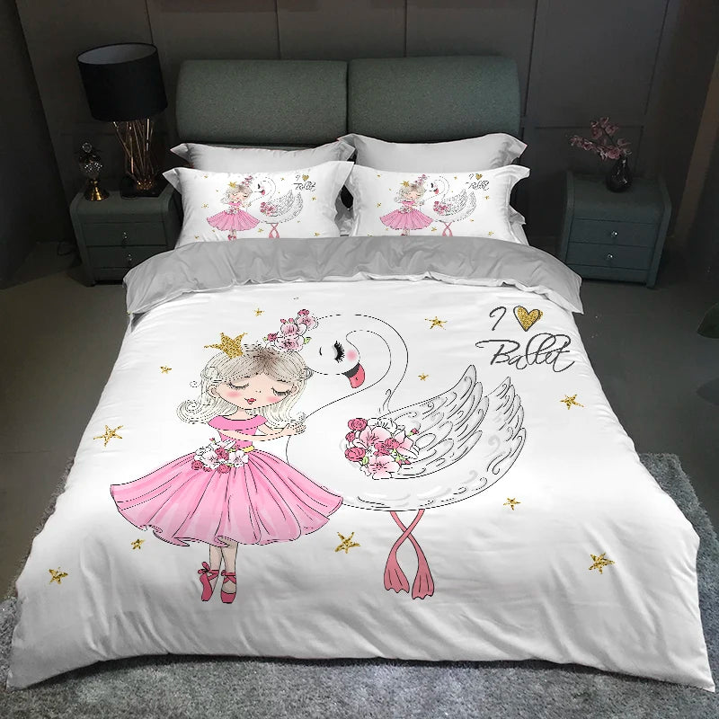Modern Lovely Princess Kids Bedding Set Twin Size Microfiber Cartoon Unicorn Swan Ballet Girl Print Duvet Cover With Pillowcases